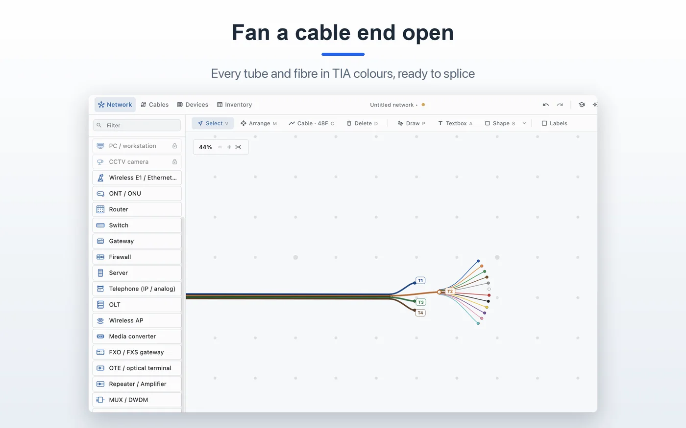 Fanned cable end with TIA-598 coloured fibres