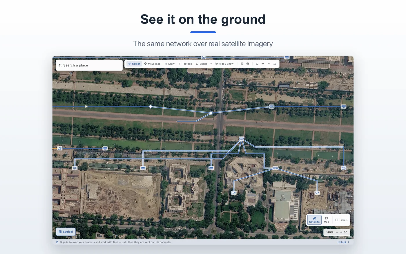 Physical fibre network over satellite imagery in OFC Network Manager